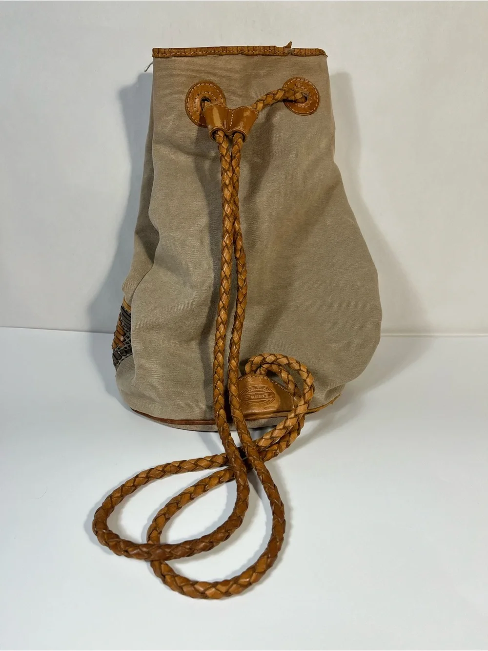 Vintage Fossil Canvas Bucket Backpack Purse Woven Leather Pattern - Picture 3 of 12